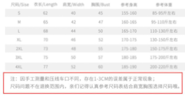 服装尺寸误差提示范例 服装尺寸误差提示范例