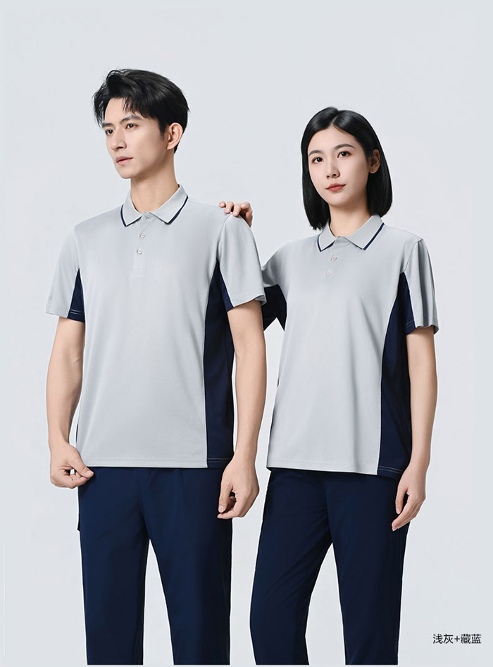 灰色搭配黑色防静电短袖POLO衫模特效果展示图 灰色搭配黑色防静电短袖POLO衫模特效果展示图