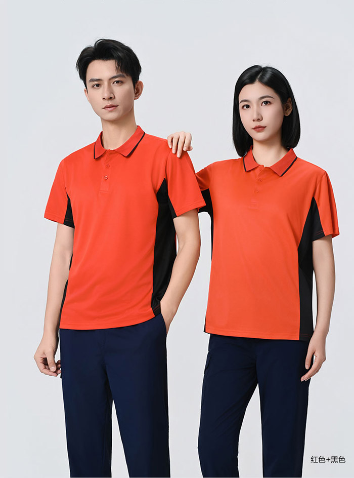 红色搭配黑色防静电短袖POLO衫模特效果展示图 红色搭配黑色防静电短袖POLO衫模特效果展示图