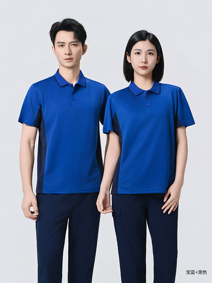 蓝色搭配黑色防静电短袖POLO衫模特效果展示图 蓝色搭配黑色防静电短袖POLO衫模特效果展示图